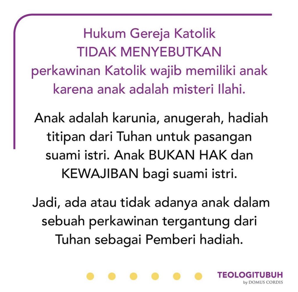 TOBInsighT's tweet photo. dalam iman Katolik, perkawinan ditujukan untuk mempersiapkan pasangan kita sebagai mempelai Kristus, baik ada anak maupun tidak ada anak. ⠀
#gerejakatedraljakarta #gerejakatolik #orangmudakatolik #omkindonesia https://t.co/c0scHozgeQ