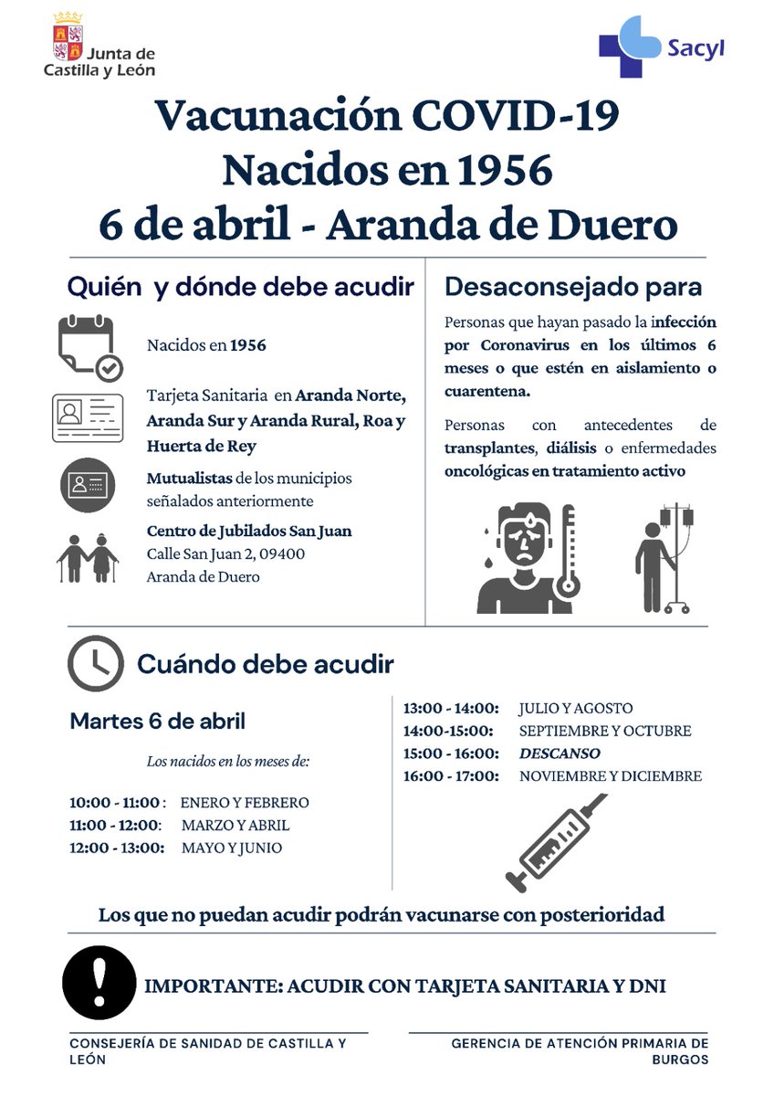 🆕 Todas aquellas personas nacidas en 1956 del área sanitaria de #ArandadeDuero tienen fecha de vacunación primera dosis. Rogamos difundir. Para más información 👇