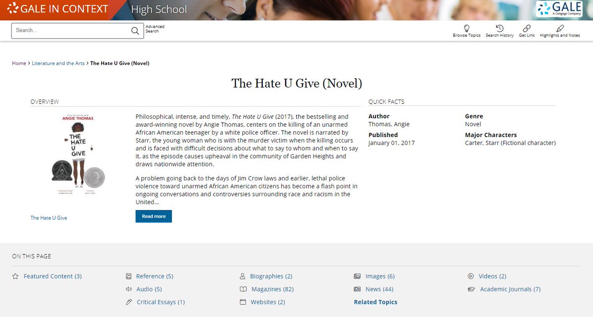 Philosophical, intense, and timely, The Hate U Give (2017), is the bestselling and award-winning novel by Angie Thomas. Visit the novel's Gale In Context: High School page or read our overview here>> https://t.co/PHzBgk2ta9 #YALit https://t.co/EneqSLX9nO