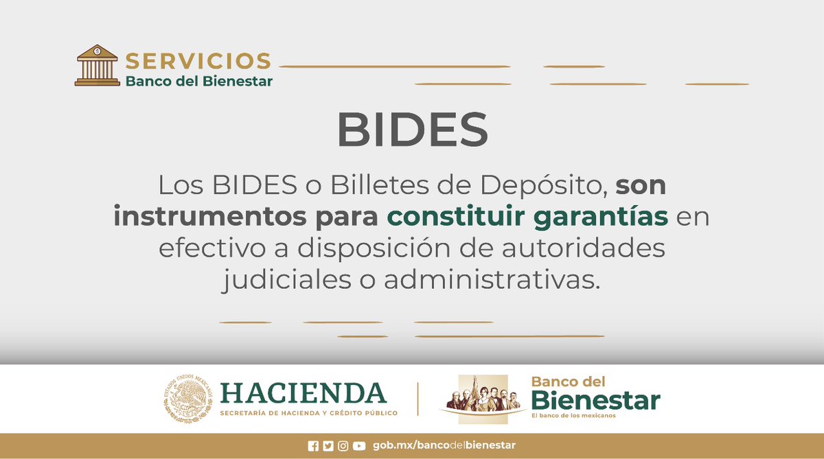 bbienestarmx's tweet photo. ¿Sabes qué son los Billetes de Depósito #BIDES? 🤔

Son una herramienta del #BancoDelBienestar.

Lo que hacen es amparar un depósito en efectivo, mismo que quedará a disposición de las autoridades. 👮🏻💸

Conoce más en 👉https://t.co/t5N1kKHcX2

Somos #ElBancoDeLosMexicanos 🇲🇽 https://t.co/BV8kwnjp6a