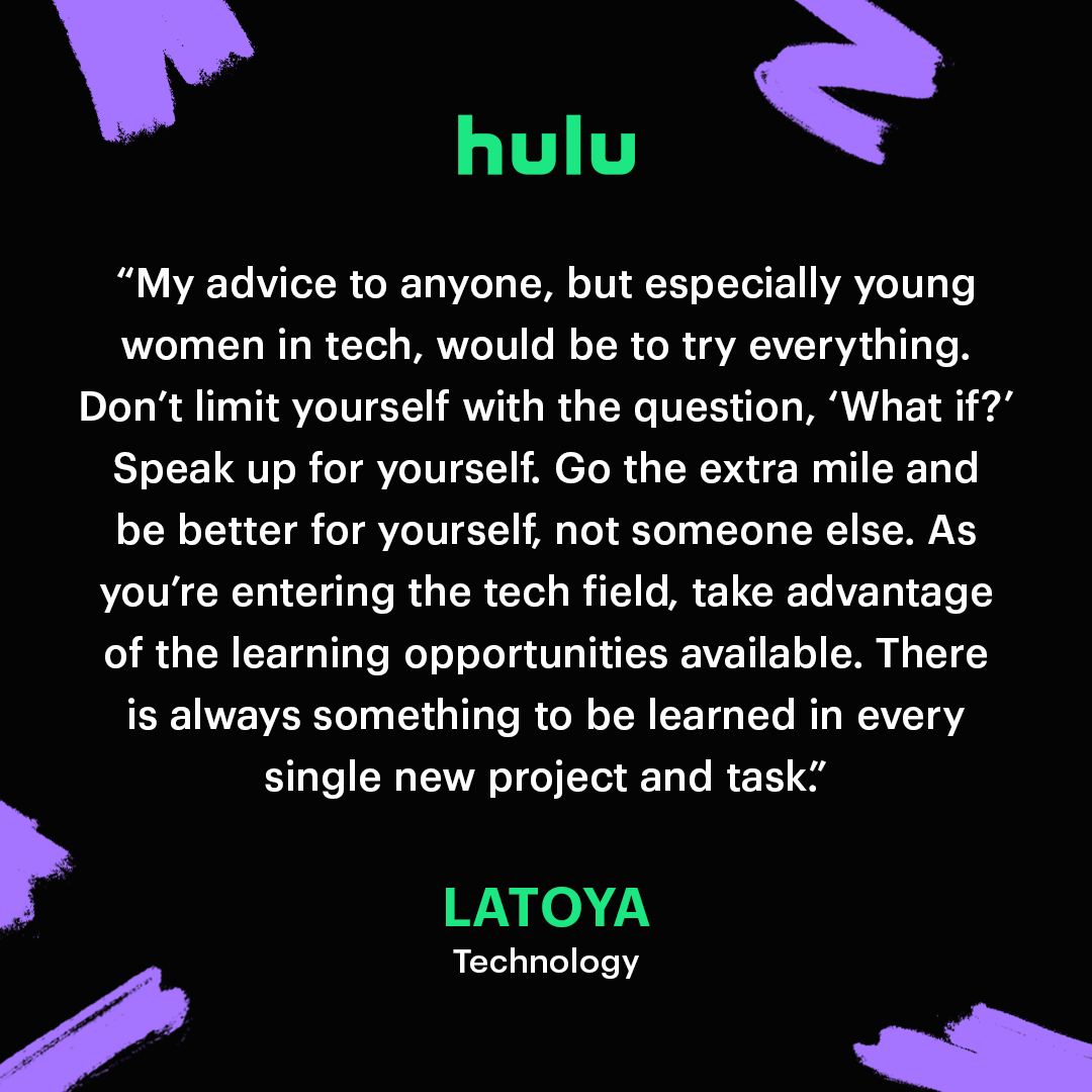 Meet LaToya! 👋She's an Associate Technical Program Manager (TPM) at <a href="/Hulu/">Hulu</a>. LaToya is responsible for handling all aspects of technical projects, from ideation to production and deployment.📺 Click to read her advice for young women entering the tech field. #WomensHistoryMonth