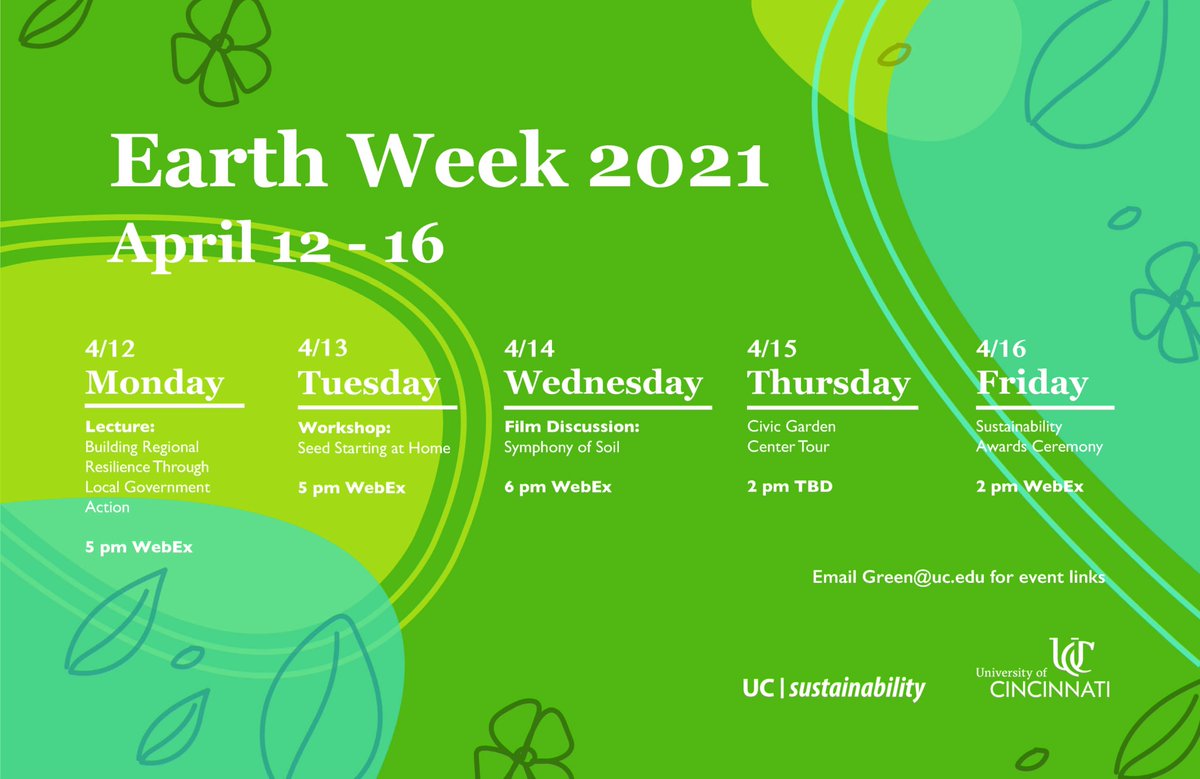 UCSustainable's tweet image. Mark your calendars for UC's Earth Week April 12-16!

email green@uc.edu for event links!