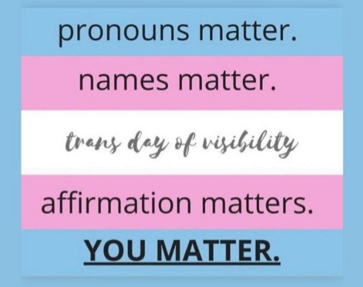Montcalm_Q's tweet photo. Pronouns matter. Names matter. Affirmation matters. #TransStudentsMatter #YouMatter #TransDayOfVisibility https://t.co/1gat3ZWL5O