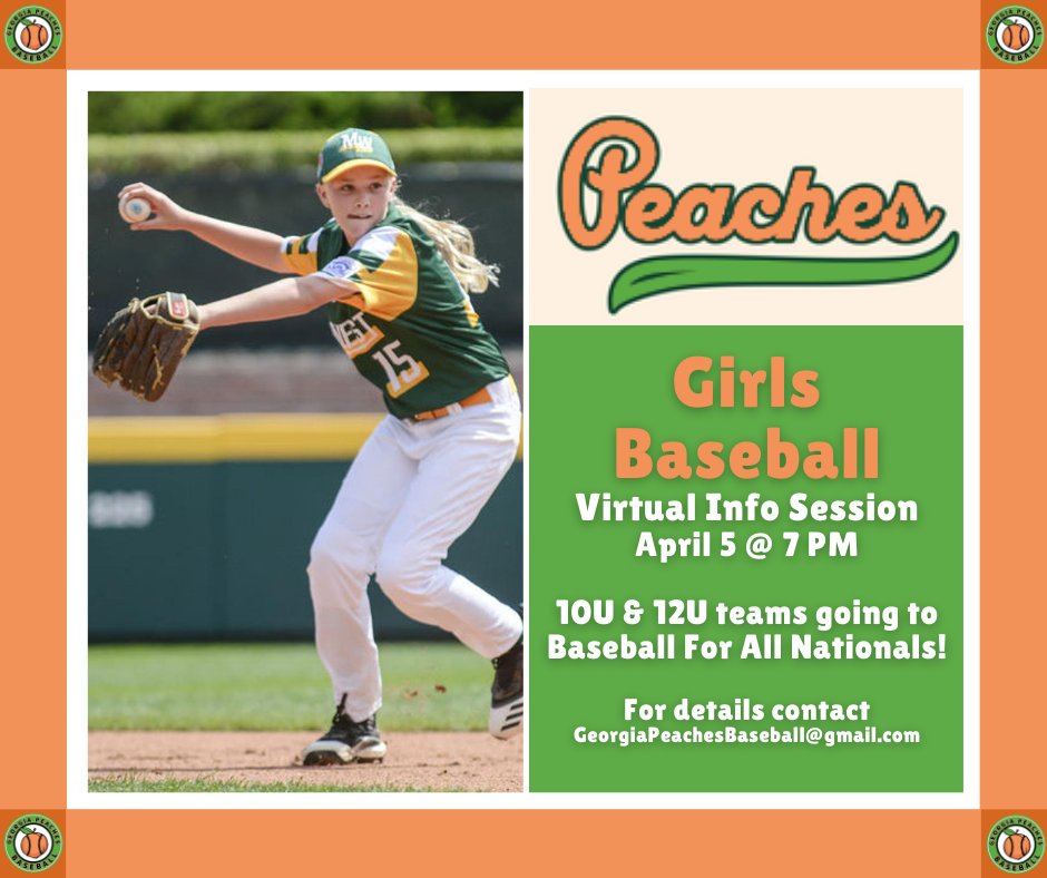 Play ball! The Georgia Peaches are forming teams NOW to go to the Baseball For All Nationals. Got a girl who might be interested? Join our info session to get all the details!!!