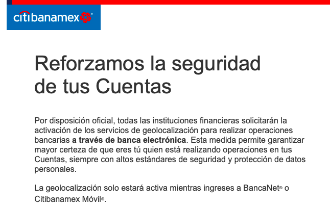 Tweetsofmyown's tweet photo. @Citibanamex esto lo enviaron ustedes? En ninguna parte de su sitio explican para que la recolección geografica de datos sirve como medida de seguridad. Pueden contestar por favor. #citi #citibanamex #servicioalcliente https://t.co/FJCg84Jnmt