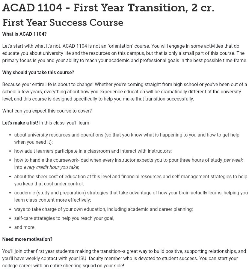 IdahoStateSSC's tweet photo. Whether you're coming straight from high school or you've been out of a school a few years, everything about how you experience education will be dramatically different at the university level, and ACAD 1104 is designed specifically to help you make that transition successfully. https://t.co/iBaDPlgkDB