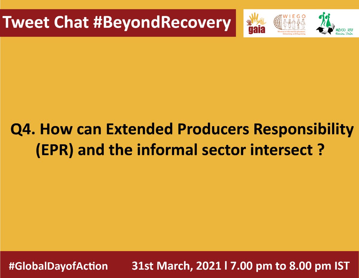 Hasiru_Dala's tweet photo. #TweetChat #BeyondRecovery Our 4th q. is about how the informal sector intersects with #ExtendedProducersResponsibility @pinkychandran @bhargirao @dshah1983 @shekar_nalini @StoneSoup_in @swatissambyal @Livedebris @ZeroWasteAsia @WIEGOGLOBAL
Pls use #BeyondRecovery to reply https://t.co/Mogp4UAsHm
