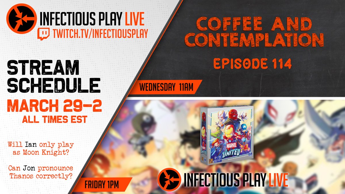 InfectiousPlay's tweet image. Join us this week for:
☕️Coffee and Contemplation 114 - @JonGilmour and @Chaos_Moss have surprises ranging from bongos to mangoes?
🎲IPL: Marvel United - We're taking as many heroes as we can into battle stopping the biggest threats in Marvel history.
twitch.tv/infectiousplay/