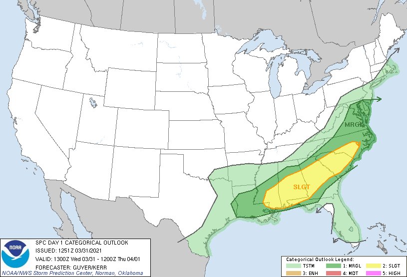 Rodbod52's tweet photo. Today's Forecast and Thunderstorm Outlook Mar 31 2021
  5  % Tornado Risk Montgomery, AL...Columbus, GA...Dothan, AL...Auburn, AL...Phenix City, AL..   5 % Hail Charlotte, NC...New Orleans, LA...Atlanta, GA...Raleigh, NC...Birmingham, AL   #Tornado #KansasCity #Missouri #Kansas https://t.co/qRupgdA3US
