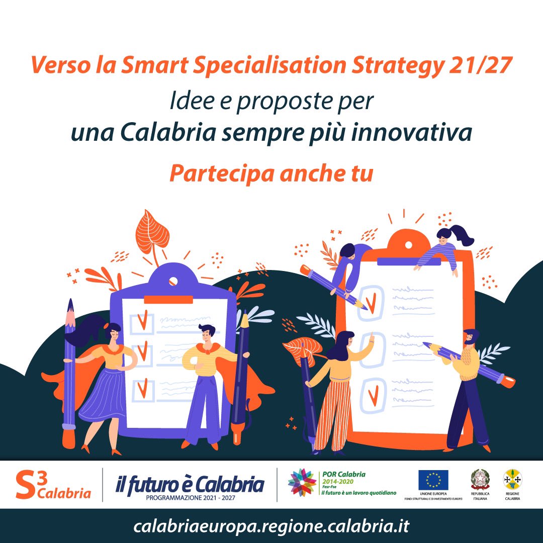 I calabresi protagonisti del percorso di costruzione della Smart Specialisation Strategy (S3) per la nuova programmazione 21/27.
Partecipa anche tu rispondendo al questionario 👉 bit.ly/3deQGnq
Leggi la news👉 bit.ly/3cHPSJ3