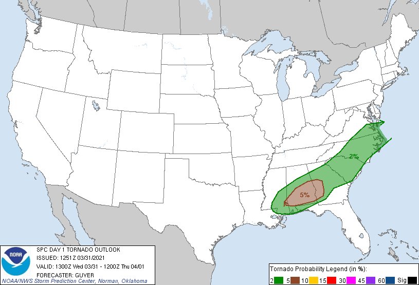 Rodbod52's tweet photo. Today's Forecast and Thunderstorm Outlook Mar 31 2021
  5  % Tornado Risk Montgomery, AL...Columbus, GA...Dothan, AL...Auburn, AL...Phenix City, AL..   5 % Hail Charlotte, NC...New Orleans, LA...Atlanta, GA...Raleigh, NC...Birmingham, AL   #Tornado #KansasCity #Missouri #Kansas https://t.co/qRupgdA3US