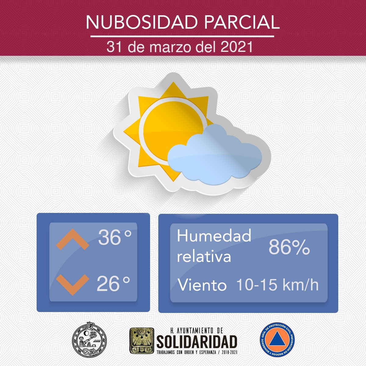 #ClimaSolidaridad 🌤️
Para el día de hoy en nuestro municipio se espera una temperatura máxima de 36° y una minima de 26° tendremos un cielo parcialmente nublado. #FelizMiércoles