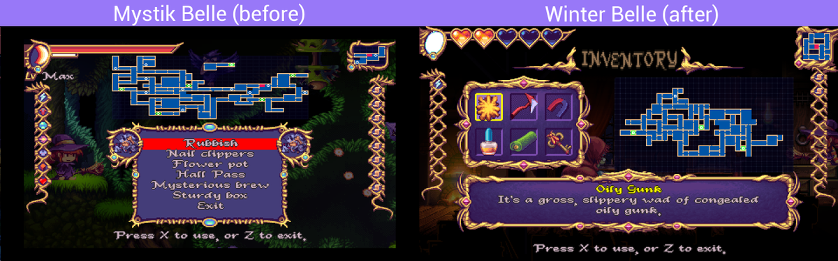 retroadicto's tweet photo. RT RetromaniacMag: RT @DarkFalzXL: Finally got around to redesigning #WinterBelle's inventory screen. Though #MystikBelle's classic Arcade Adventure item list had its charm, the new system is more accessible. #pixelart #indiegames #IndieGameDev https://t.co/OksPKk1G4p