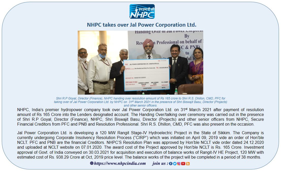 nhpcltd's tweet photo. NHPC takes over Jal Power Corporation Ltd.
#hydropower #nhpcltd https://t.co/Evlbq035vm