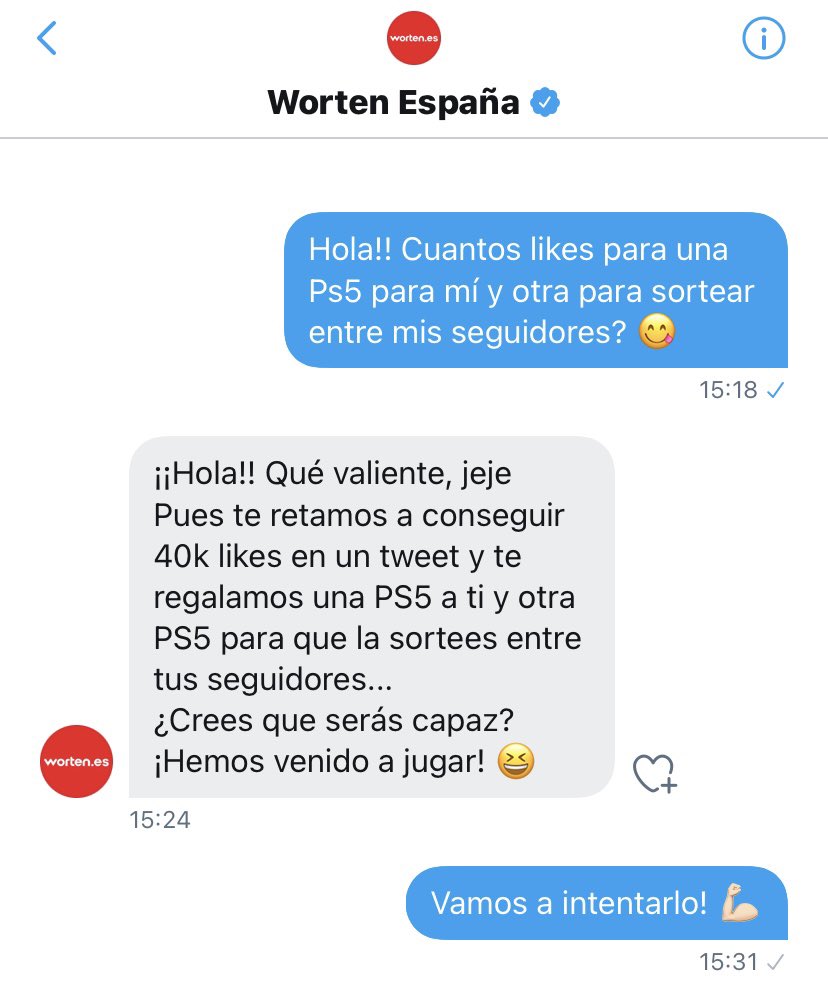 ¡¡¡NECESITO TU AYUDA!!! 🙏🏻

Si este tweet llega a 40.000 likes, los amigos de <a href="/WortenES/">Worten</a> me regalarán una PS5 a mi y otra para que sortee en mi cuenta. 

Tengo hasta el día 02/04/21 para conseguirlo. 

Ayúdame dejando tu ♥️ y te lo agradeceré siempre.