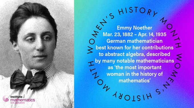 Emmy Noether Mar. 23, 1882 – Apr. 14, 1935 German mathematician best known for her contributions to abstract algebra, described by many notable mathematicians as ‘the most important woman in the history of mathematics’