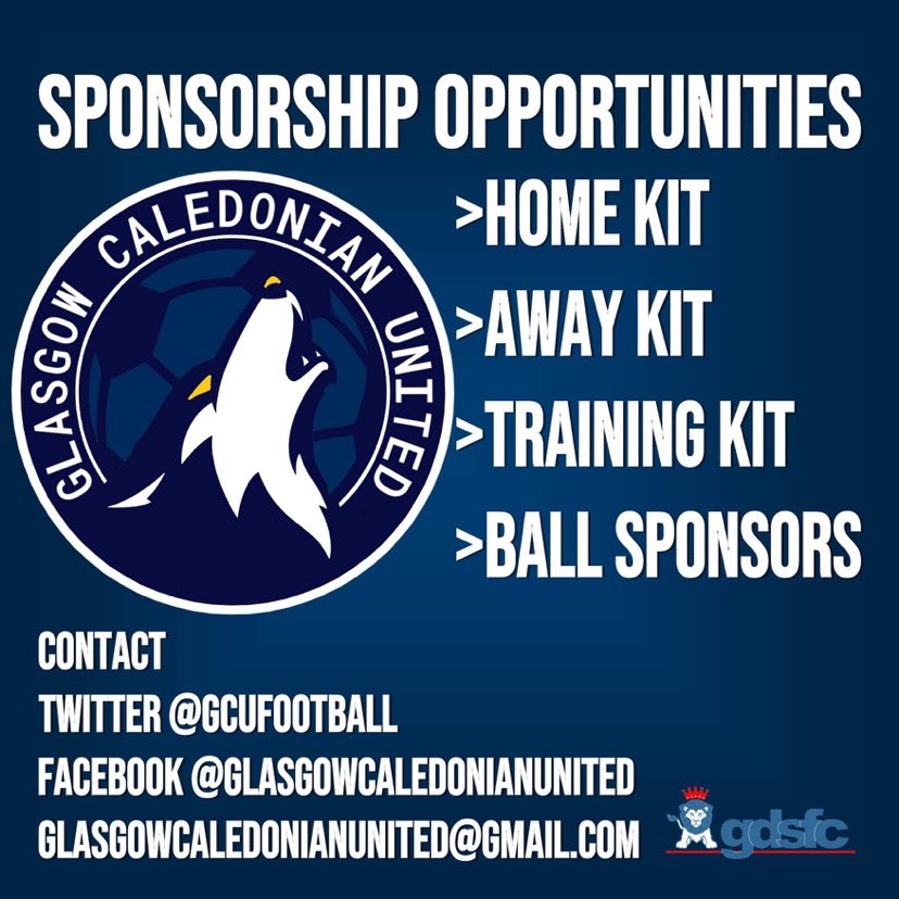 CaleySpartansFC's tweet photo. SPONSORSHIP OPPORTUNITIES

Glasgow Caledonian United are looking for 2021/2022 season sponsors. Many different opportunities available and different levels of cost!

Great way of getting your company or charity exposure via social media and beyond! 

Contact here or email ⚽️ https://t.co/CWTQcFEvZW