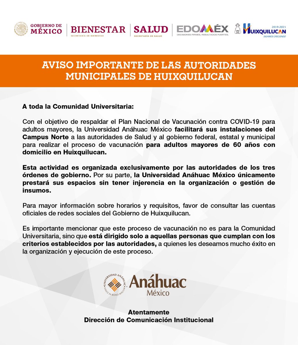 anahuac's tweet photo. #Aviso ⚠️ Comprometidos con el bien común, facilitamos nuestras instalaciones del Campus Norte, en Huixquilucan, para la #VacunacionEdomex de adultos mayores (60 años y más) https://t.co/iX2NAsCuSk