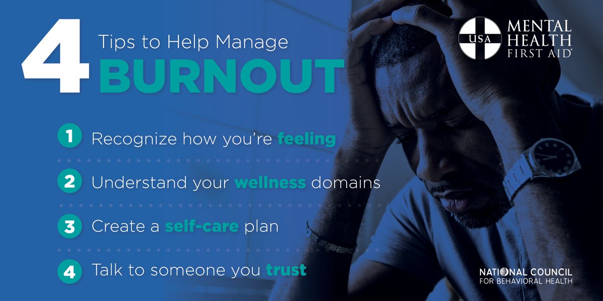 MHFirstAidUSA's tweet photo. We’ve made it one year of living in a global pandemic – juggling work, family and friends, all while trying to practice physical distancing to keep ourselves and other safe. You might be feeling a little burned out. These tips can help you manage that burnout. https://t.co/ba36YudrFO