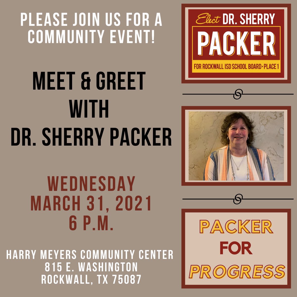 Packer4Progress's tweet photo. Looking forward to another great meet and greet tonight. I hope to see you there! #packerforprogress #IloveRockwallISD #OurCommunityOurKids https://t.co/DVBREHyivC