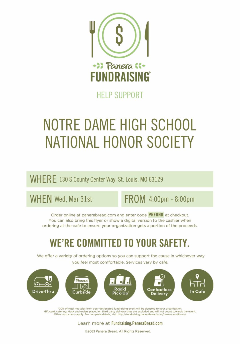 notredameSTL's tweet image. Notre Dame's National Honor Society is hosting a fundraiser at the South County Center Bread Co. TONIGHT from 4-8:00 PM. Just show a copy of the flyer to the cashier when you check out (dine-in or carry-out) or enter the promo code when you order online. #nhs #breadco #fundraiser