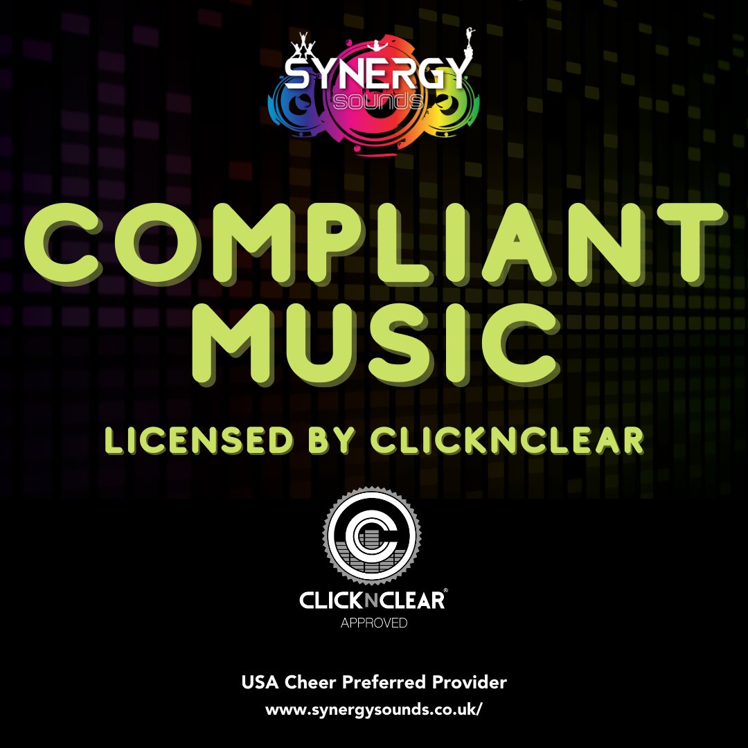 SynergySoundsUK's tweet photo. All of our mixes are FULLY COMPLIANT and licensed by @clicknclear_ who offer a huge selection of popular music with all of the bundle of rights we need for cheer and dance.
Get in touch with us today to order your custom mix!

#compliant #licensed #legal #cheermusic #cheermix https://t.co/AUjlMgkDKv