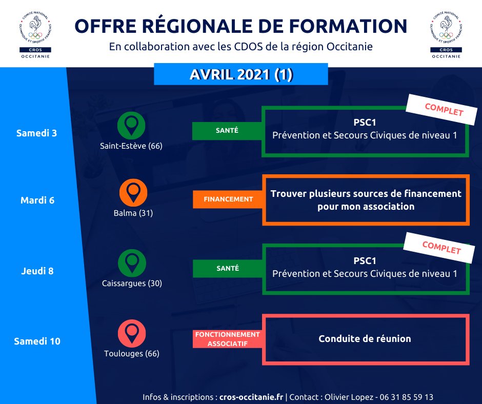 CROSOCCITANIE's tweet photo. Catalogue de formations #Occitanie 👨‍🏫 

Retrouvez toutes les sessions à l'attention du mouvement sportif pour les mois d'avril &amp; mai 📆

Programmes &amp; infos👉 https://t.co/31ySiMRpAT

@Afdas @Occitanie #formation #sport #associations https://t.co/jRVXtFjP9g