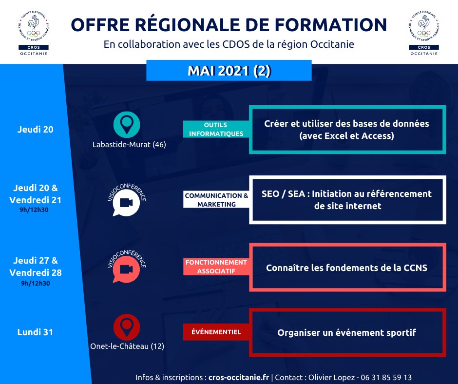 CROSOCCITANIE's tweet photo. Catalogue de formations #Occitanie 👨‍🏫 

Retrouvez toutes les sessions à l'attention du mouvement sportif pour les mois d'avril &amp; mai 📆

Programmes &amp; infos👉 https://t.co/31ySiMRpAT

@Afdas @Occitanie #formation #sport #associations https://t.co/jRVXtFjP9g