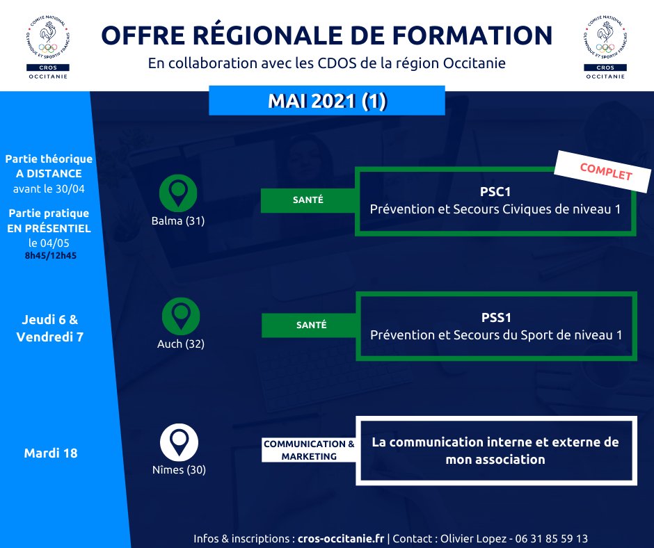 CROSOCCITANIE's tweet photo. Catalogue de formations #Occitanie 👨‍🏫 

Retrouvez toutes les sessions à l'attention du mouvement sportif pour les mois d'avril &amp; mai 📆

Programmes &amp; infos👉 https://t.co/31ySiMRpAT

@Afdas @Occitanie #formation #sport #associations https://t.co/jRVXtFjP9g