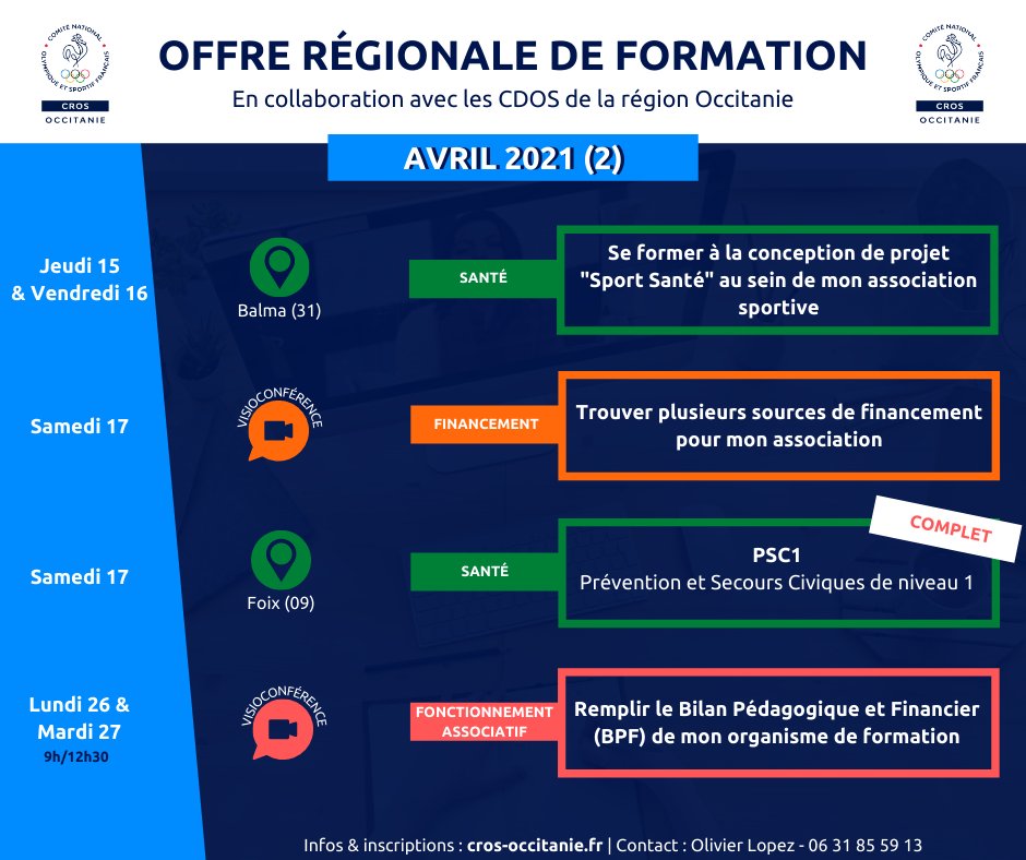 CROSOCCITANIE's tweet photo. Catalogue de formations #Occitanie 👨‍🏫 

Retrouvez toutes les sessions à l'attention du mouvement sportif pour les mois d'avril &amp; mai 📆

Programmes &amp; infos👉 https://t.co/31ySiMRpAT

@Afdas @Occitanie #formation #sport #associations https://t.co/jRVXtFjP9g
