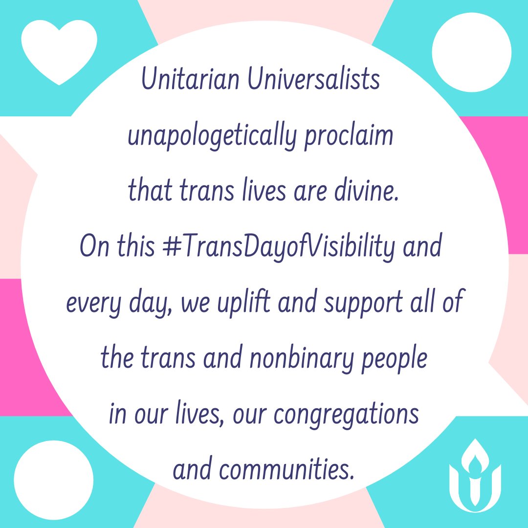 sfrederickgray's tweet photo. On this #TransDayofVisibility, may all Unitarian Universalists join me in declaring our unapologetic support for trans people. As a parent and a faith leader, I know that #translivesaredivine. https://t.co/LW0p69ZmON