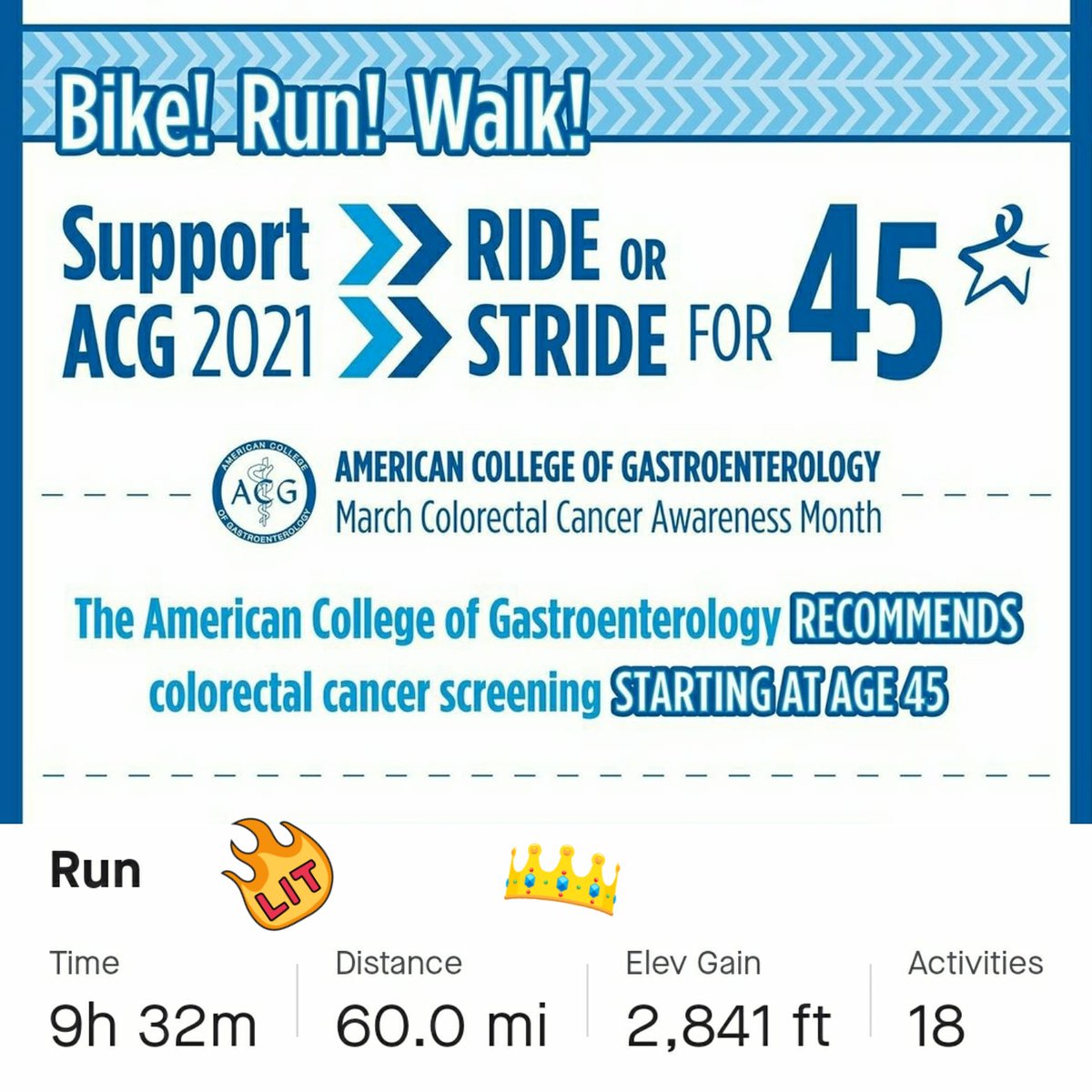 s_elko's tweet photo. #rideorstridefor45 is complete with 60 miles in the books! Remember - #colorectalcancer is preventable! For more info check out @AmCollegeGastro #runtolive #runeatsleeprepeat https://t.co/iRbRiKPeaP