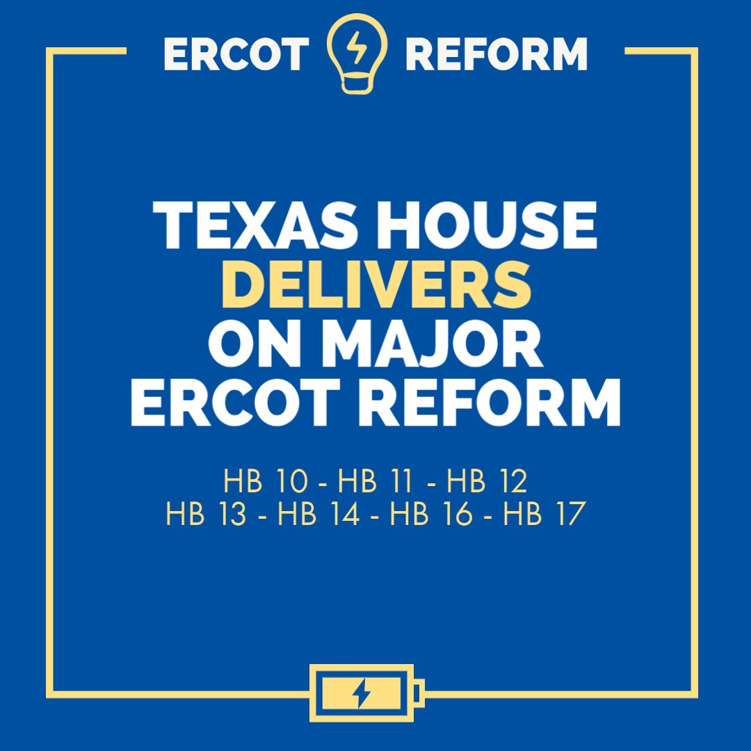 The Texas House today delivered on major ERCOT reforms by passing 7 major bills. They head to the Senate now for consideration. I am proud of the work accomplished to deliver workable solutions to prevent another catastrophic failure of our grid. #txlege