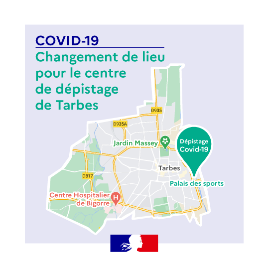 ℹ A compter du 1er avril à 14h00, le centre de dépistage #COVID19 de Tarbes est transféré sous le chapiteau placé sur le parking du TGB (Tarbes Gespe Bigorre - accès par le quai de l'Adour à Tarbes).
⏰ Il sera ouvert les lundi, mardi, jeudi et vendredi de 14h00 à 16h30.