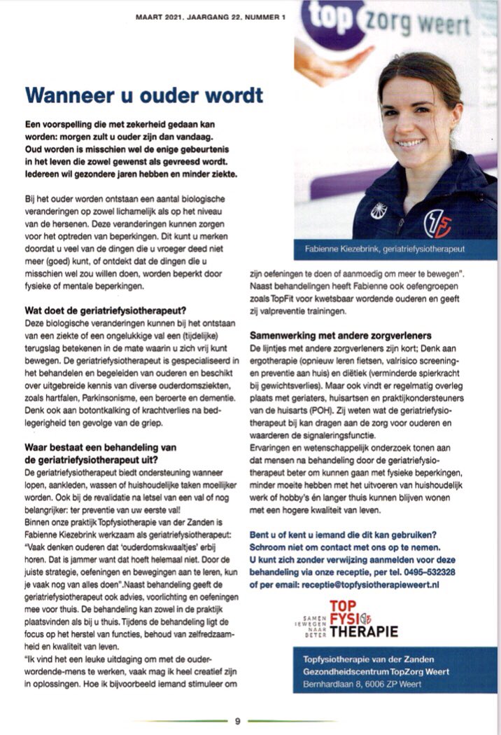 Leuk artikel van onze geriatriefysiotherapeute Fabienne Kiezebrink in de Wijkkrant Moesel. Foto door collega Guus Moors.
#geriatrie #ouderworden #specialisme #fysiotherapie