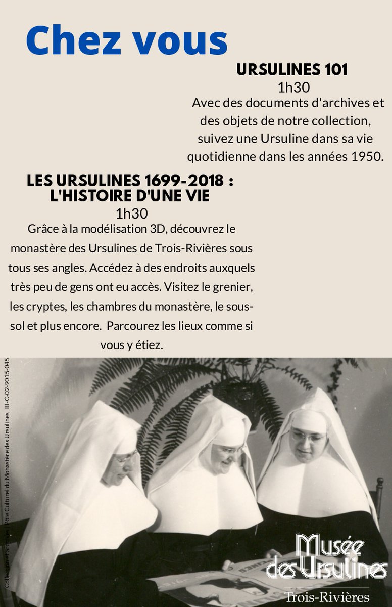 museeursulines's tweet photo. Vous voulez en savoir plus sur les Ursulines de Trois-Rivières ? Voici notre programmation pour les aînés 2021 avec trois formules possibles* : Chez nous, chez vous ou à distance ! #musee #ursulines #histoire #troisrivieres https://t.co/lKFbpfpEo8