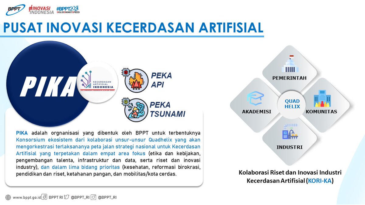 BPPT_RI's tweet photo. BPPT juga telah membangun Pusat Inovasi Kecerdasan Artifisial (PIKA) yang merupakan orkestrasi terlaksananya peta jalan strategi nasional untuk Kecerdasan Artifisial di Indonesia. PIKA melibatkan kolaborasi riset dan inovasi dari pemerintah, komunitas, akademisi, hingga industri https://t.co/7PBMkZOnTb