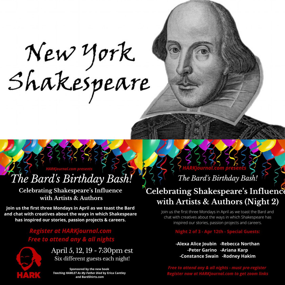 NYShakespeare's tweet photo. We’ll join @HarkJournal & #author @teachinghamlet as part of their #bardsbirthdaybash event!
The event runs Monday nights 4/5, 4/12, & 4/19, with @NYShakespeare on the 4/12 episode!
Register for any or all FREE at https://t.co/sDyXc0lB2u !
#shakespeare #shakespearesbirthday https://t.co/GH3PMhlkvC