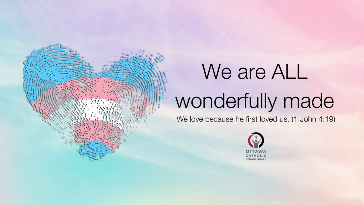 OttCatholicSB's tweet photo. It's #TransDayOfVisibility! At the Ottawa Catholic School Board, we continue to honour the dignity of every person, embracing diversity and creating welcoming places for all. 💙💕🤍 🙏 We are all wonderfully made. #ocsbEquity #ocsbBeCommunity #TDOV https://t.co/cMZ9k03PU2