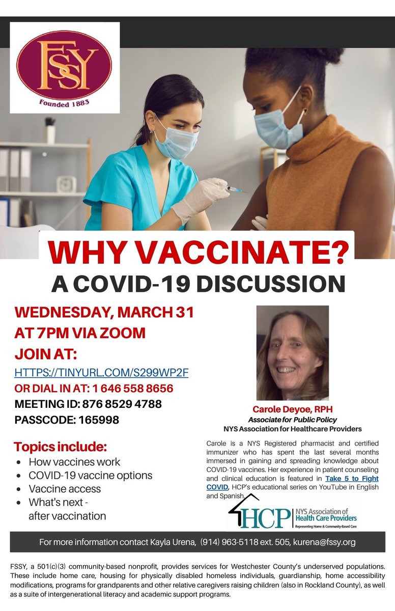 Join us tonight on Zoom for Why Vaccinate? A COVID-19 discussion with Carol Deyoe of <a href="/NYSHCP/">HCP</a> on how vaccines work, the COVID-19 vaccines available now, and what happens after you have been vaccinated. Join at TINYURL.COM/S299WP2F or dial in at 1-646-558-8656 Passcode 165998