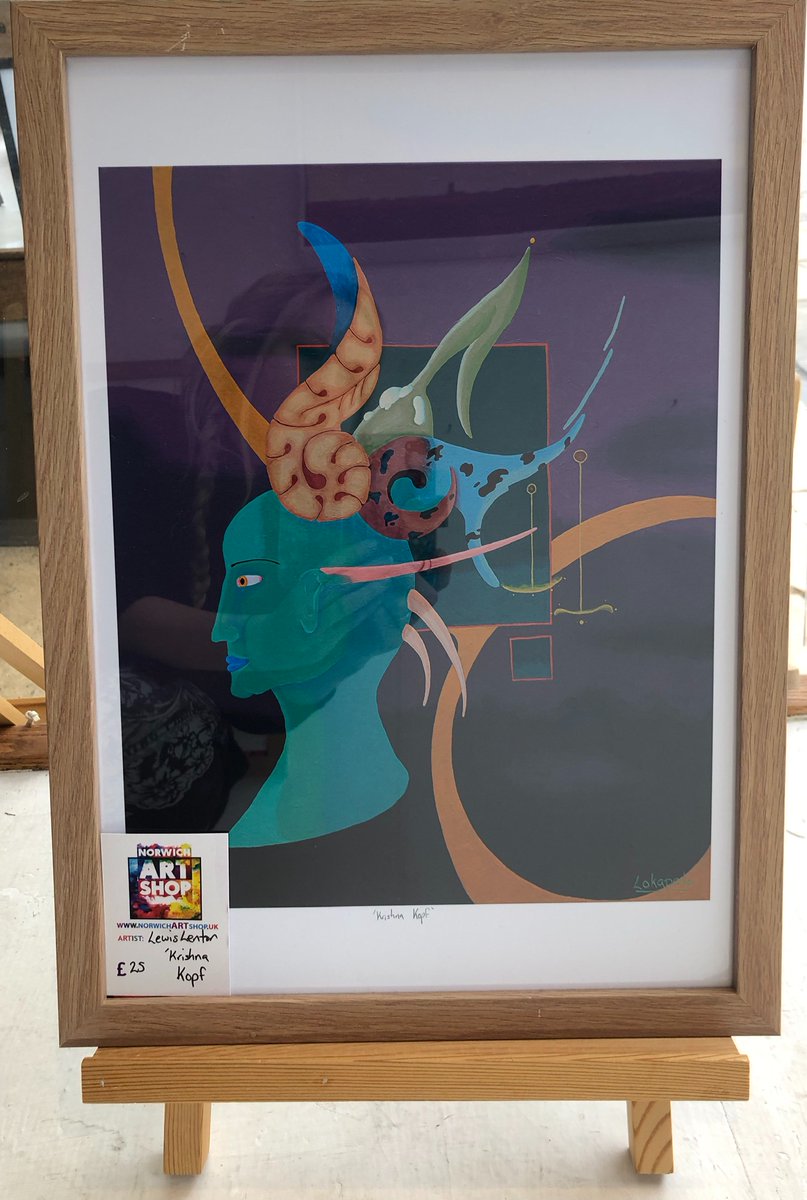 ArtShopNorwich's tweet image. PIC OF THE DAY No. 32 from our ‘Exhibition in the Windows’ at 75 Upper St Giles.
From the amazing mind of Lewis Lenton (@Leo_Leipzig) framed print ‘Krishna Kopf’ (£25).
If something catches your eye, call/message 07748 303250 or email NorwichArtShop@gmail.com we’ll do the rest.