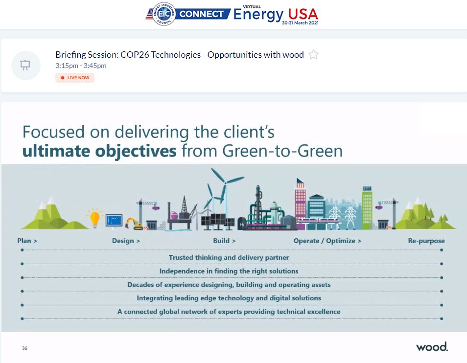 TheEICEnergy's tweet photo. COP26 Technologies - Opportunities with wood panel session is taking place now!

Hear from Katherine Zimmerman, Business Development Manager Energy Transition - @Woodplc and learn what @Woodplc is looking for in suppliers.

#EICConnect Energy USA 2021 https://t.co/rYMFb2HFzT