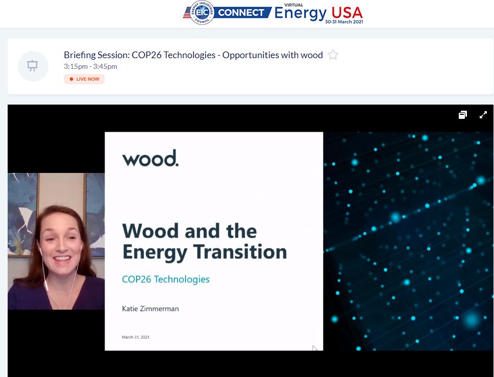TheEICEnergy's tweet photo. COP26 Technologies - Opportunities with wood panel session is taking place now!

Hear from Katherine Zimmerman, Business Development Manager Energy Transition - @Woodplc and learn what @Woodplc is looking for in suppliers.

#EICConnect Energy USA 2021 https://t.co/rYMFb2HFzT