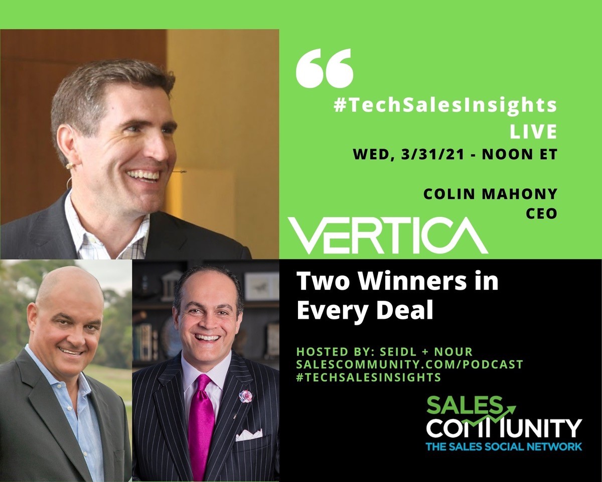 karla_cornish's tweet photo. Join @VerticaUnified GM @cpmahony for “Two Winners in Every Deal” talk, the next Sales Community #TechSalesInsights LIVE. Talk monetizing #BusinessData and more!  https://t.co/9wGgGSWqts #TeamVertica https://t.co/3TgBcXxAIK