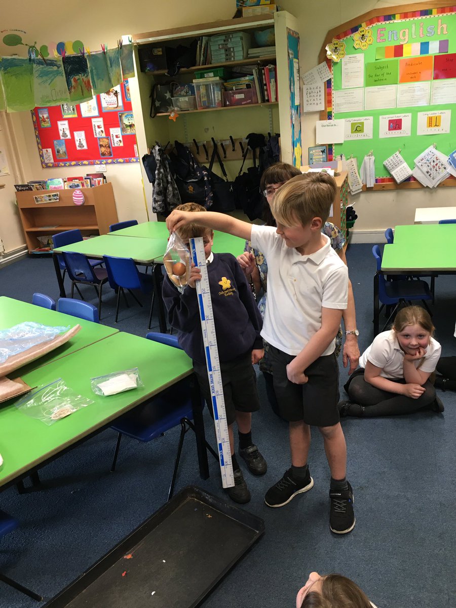 ChetwyndSpencer's tweet photo. Such ‘eggciting’ science in Rabbits this afternoon. Testing materials to see which one would protect Humpty the egg when we dropped him from a metre. 3 out of 7 made it! https://t.co/DsPec8tPPg