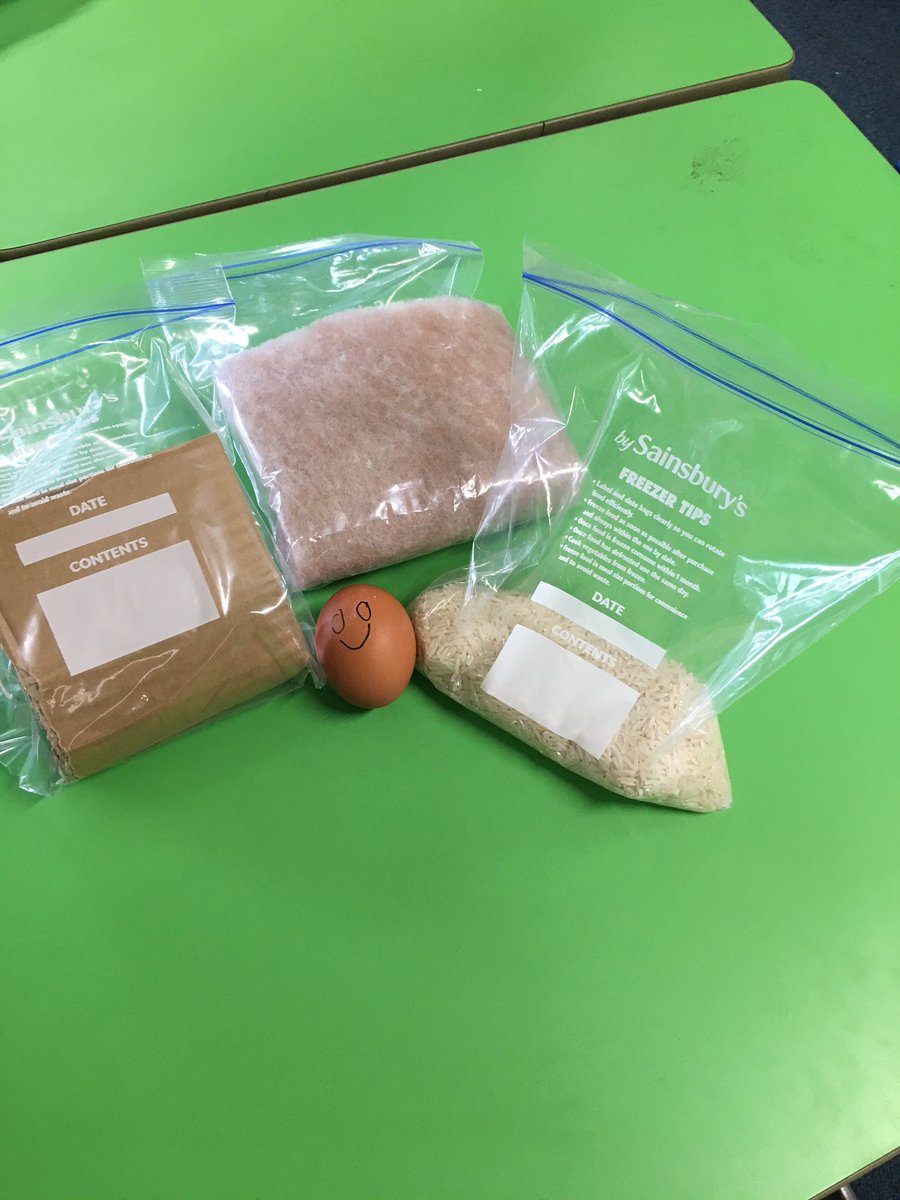ChetwyndSpencer's tweet photo. Such ‘eggciting’ science in Rabbits this afternoon. Testing materials to see which one would protect Humpty the egg when we dropped him from a metre. 3 out of 7 made it! https://t.co/DsPec8tPPg