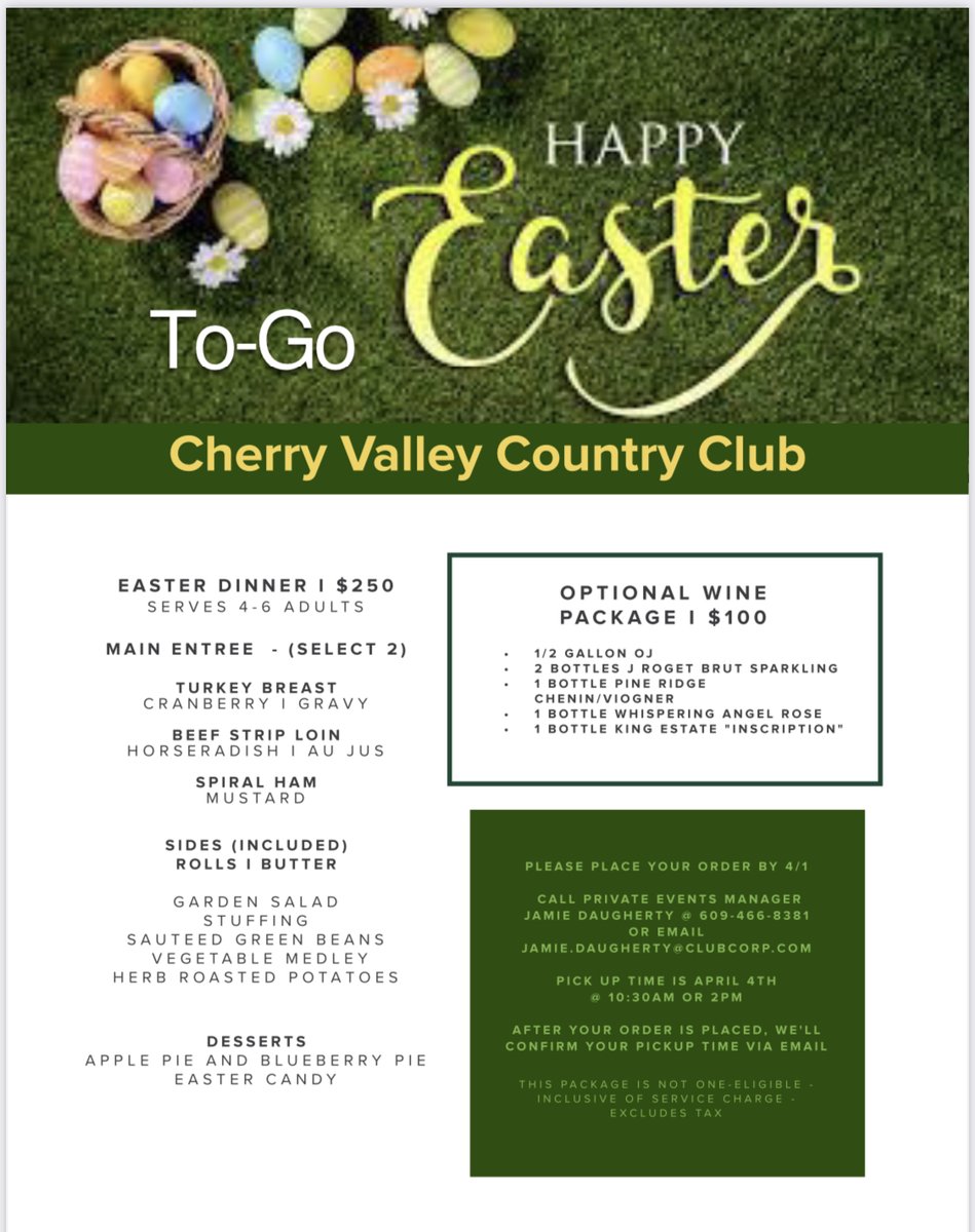 If you're not joining us for Easter this Sunday, order from our Easter Party in a Box!! There are just DAYS left to order before the DEADLINE! Simply Call Jamie at 609-466-8381
#CVCC #dontmissout #partyinabox #eastertogo