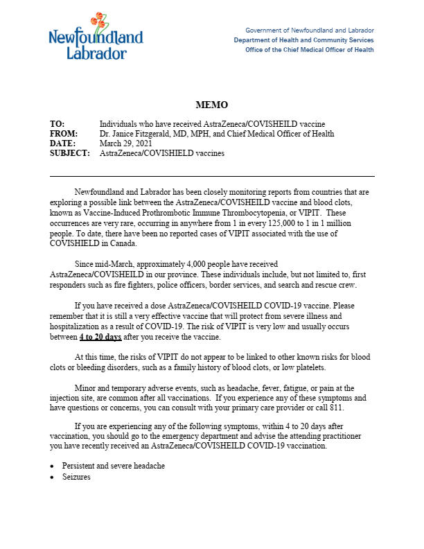 NLFireServices's tweet photo. Please take a look at the attached memo from the Department of Health and Community Services regarding the AstraZeneca vaccine. https://t.co/iEYg62HNTP