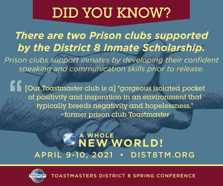 District8tm's tweet photo. District 8 supports TWO Prison clubs via the Inmate Scholarship Fund! 
These clubs support inmates by acquiring and improving something that can most benefit them – confident speaking and communication skills.

Donate: https://t.co/dIj4pXcNqN

#d8TMNewWorld #WeAreDist8TM https://t.co/HKqydlWoAE