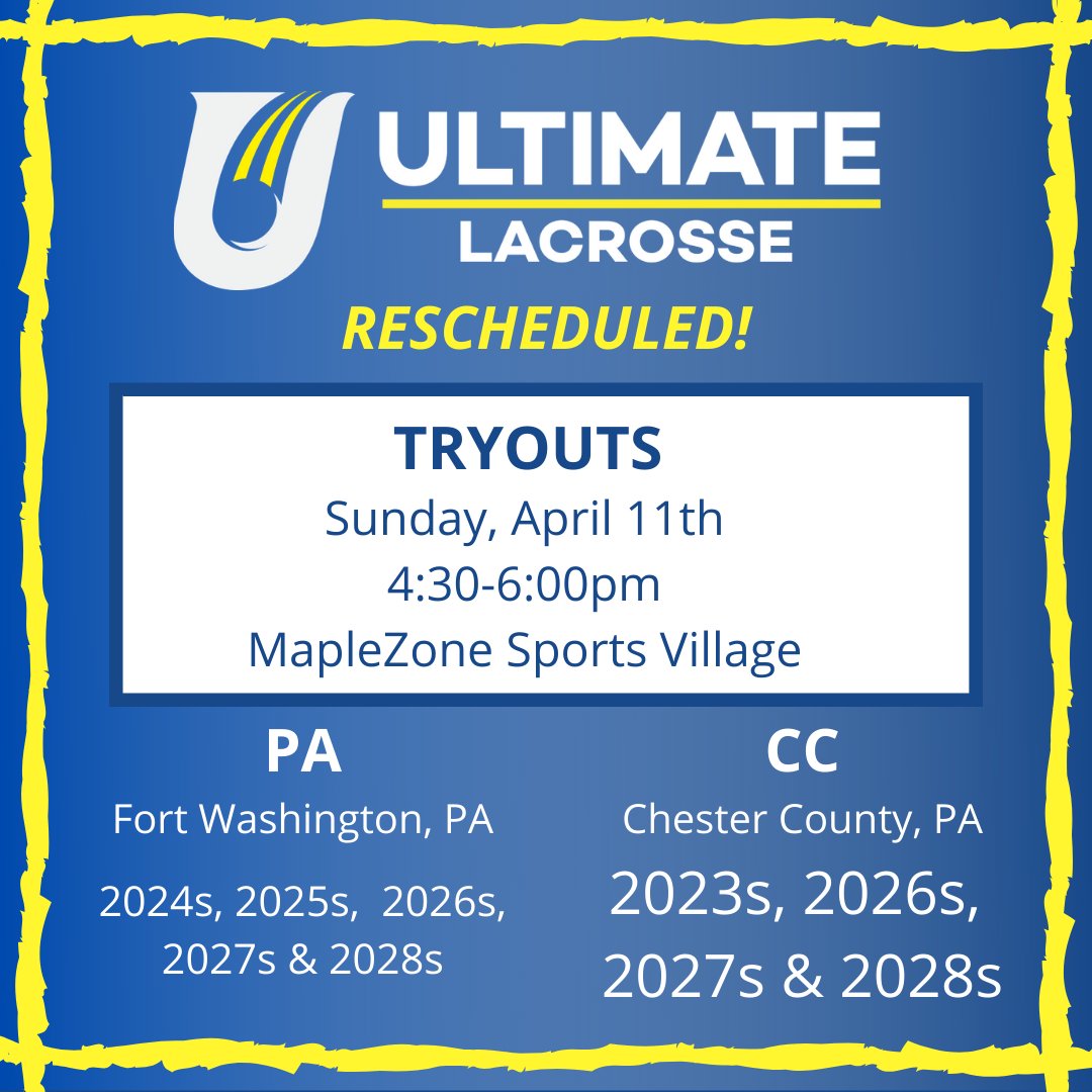 NEW DATE FOR SUMMER 2021 SUPPLEMENTAL TRYOUTS! 

April 11th
4:30-6:00pm
Maple Zone Village Outdoors (4881 Chichester Ave. Aston, PA 19014)

Grad years:
CC: 2023, 2026, 2027, 2028s
PA: 2024, 2025, 2026, 2027, 2028s

Register: ultimategoallacrosse.leagueapps.com/events/2179990…